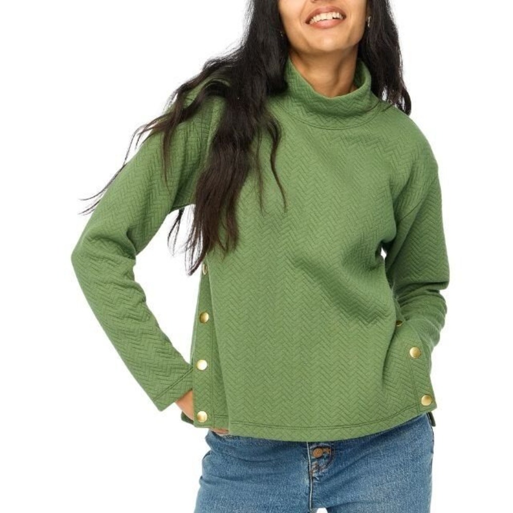 J.Crew Olive Green Quilted Herringbone Mock Neck Side Snap Sweatshirt M
